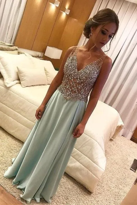 A Line V Neck Long Prom Dresses Light Green Beads Sleeveless Evening Dresses, Long Formal Dresses,BS01