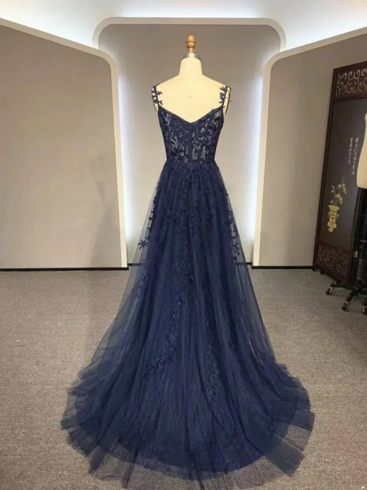 A Line V Neck Navy Blue Lace Long Prom Dresses, Navy Blue Lace Formal Dresses, Long Navy Blue Evening Dresses SP2908