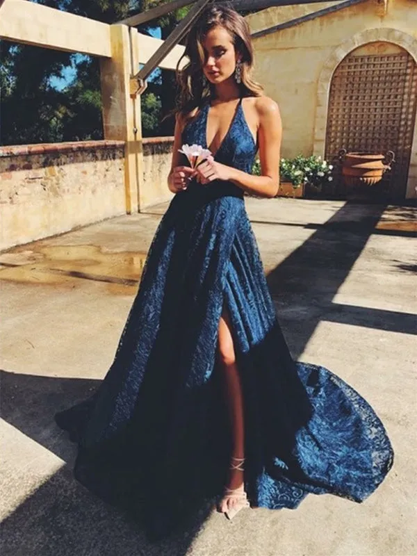 A Line V Neck Navy Blue Lace Long Prom Dresses with High Slit, Navy Blue Lace Formal Graduation Evening Dresses