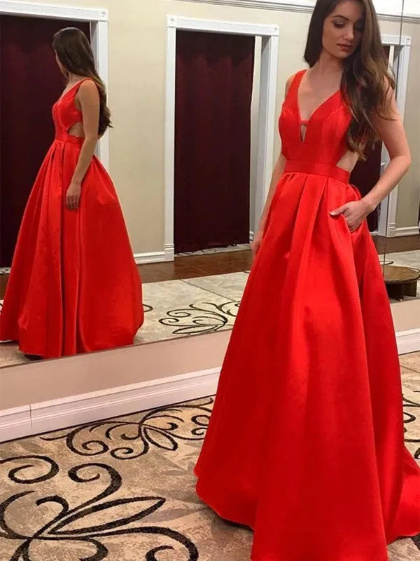 A Line V Neck Red Satin Long Prom Dresses with Pocket, V Neck Red Formal Graduation Evening Dresses