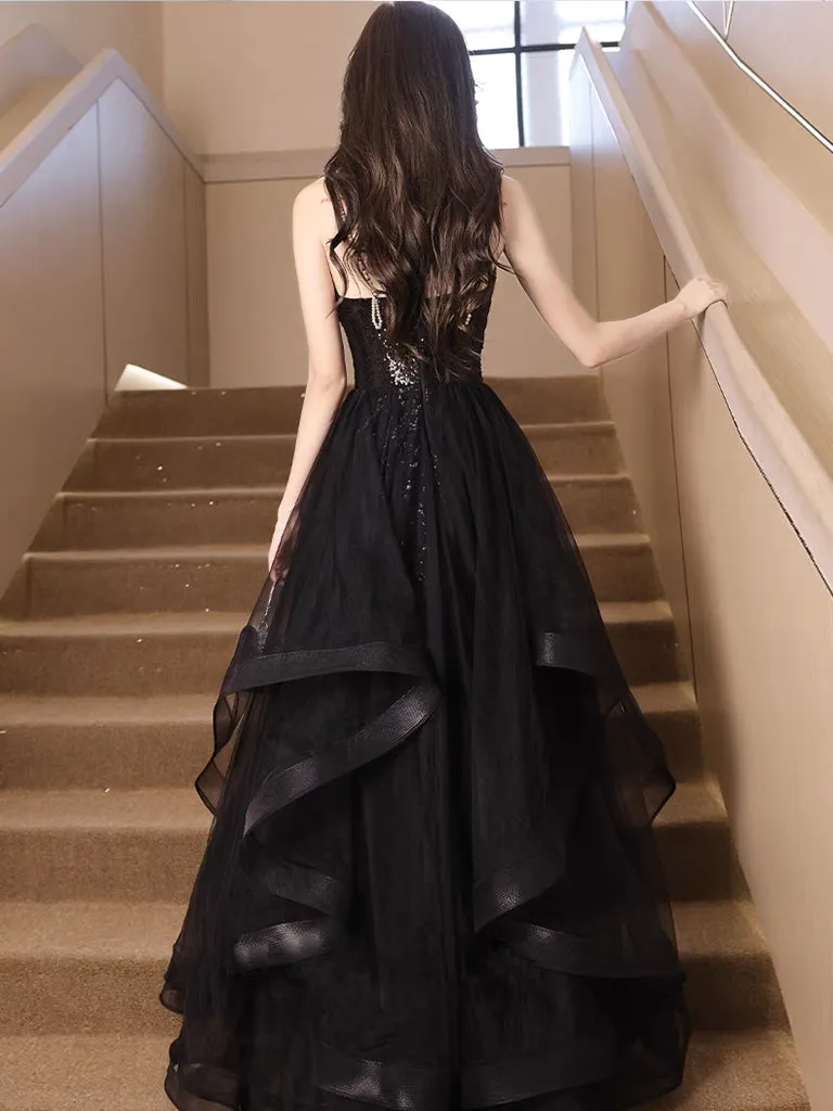 A-Line V Neck Sequin Tulle Black Prom Dress, Black Long Evening Dress