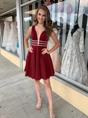 A Line V Neck Short Burgundy Homecoming Dresses, Short Burgundy Prom Dresses