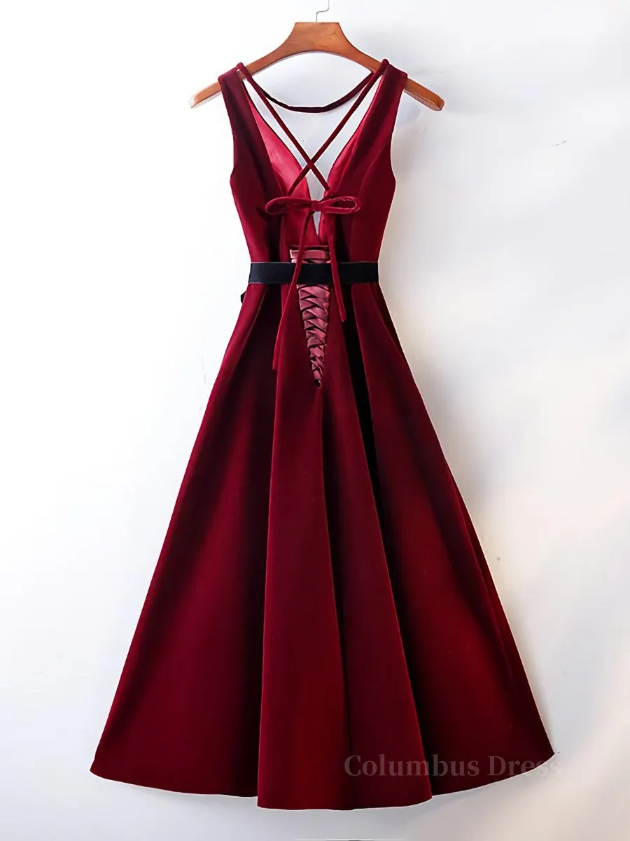 A Line V Neck Short Burgundy Prom Dresses, Wine Red Short Formal Graduation Homecoming Dresses