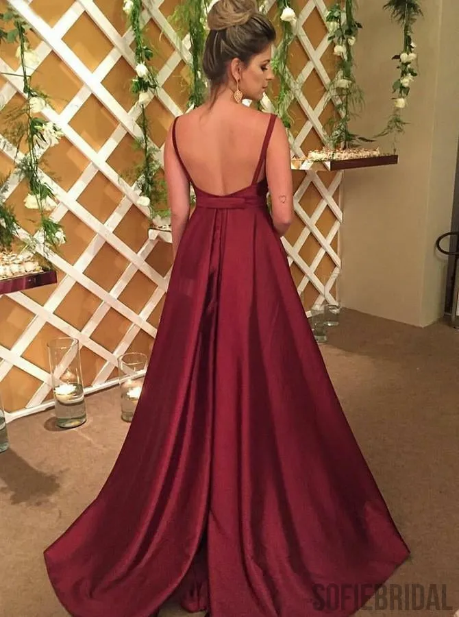 A-line V-neck Sleeveless Strpas Backless Long Burgundy Prom Dresses, PD0096