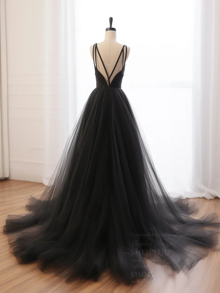 A-Line V Neck Tulle Black Long Prom Dress, Black Long Formal Dress