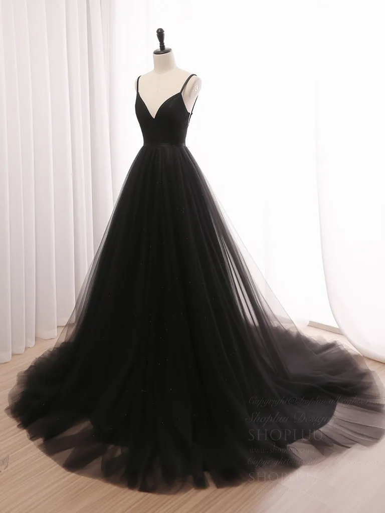 A-Line V Neck Tulle Black Long Prom Dress, Black Long Formal Dress