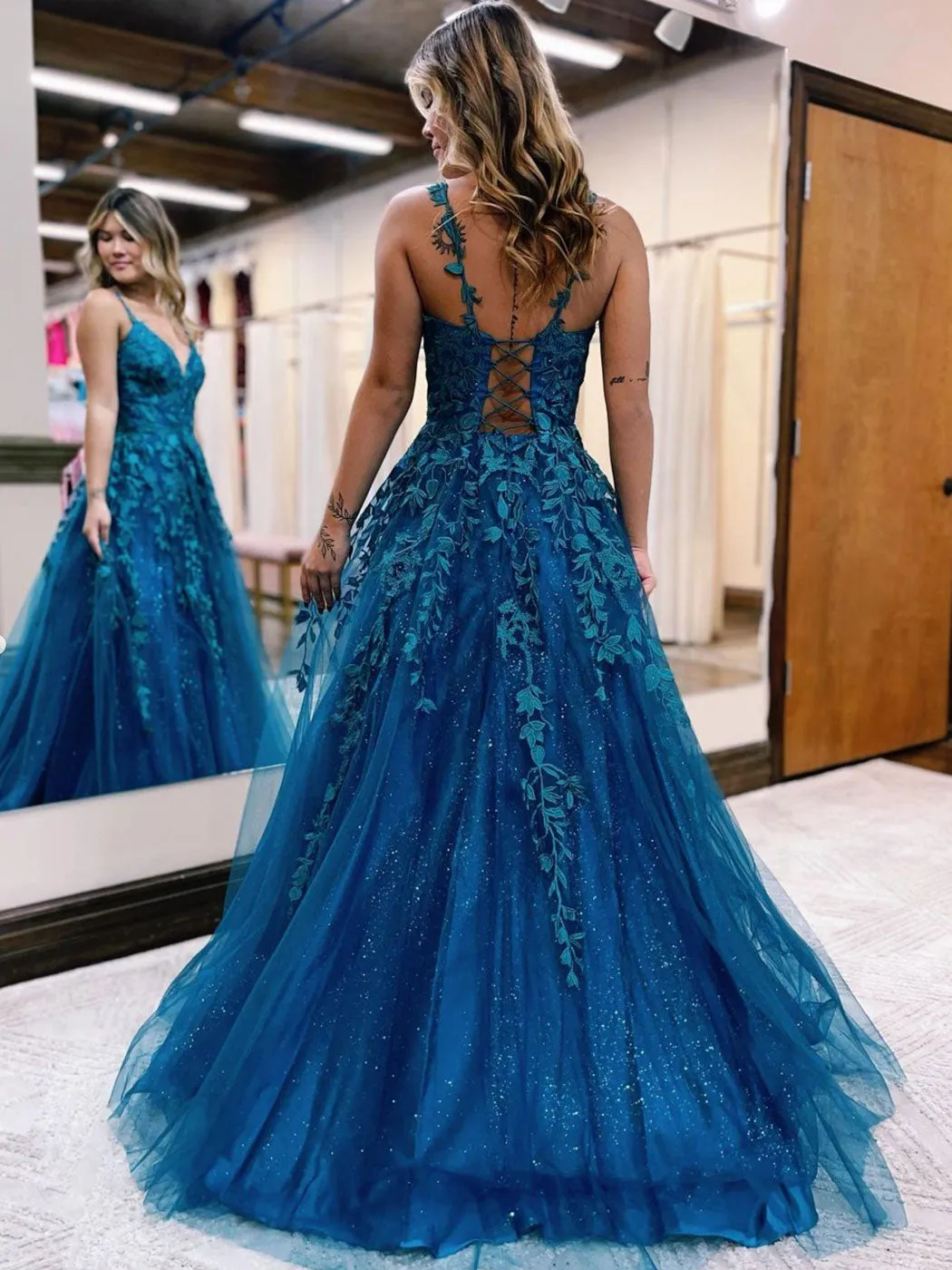 A-Line V Neck Tulle Lace Long Prom Dress, Blue Tulle Lace Evening Dress