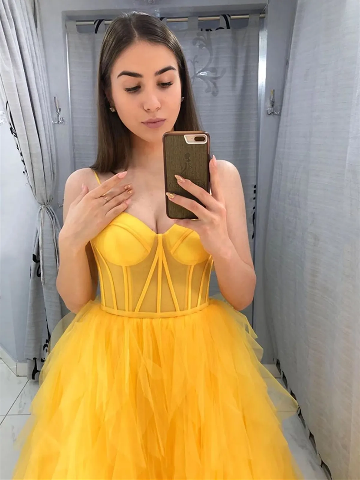 A Line Yellow Tulle Long Prom Dresses, Yellow Tulle Long Formal Evening Dresses