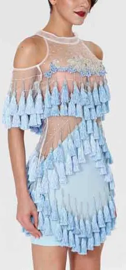 'Abigail' Fringe & Bead Embellished Dress-Light Blue