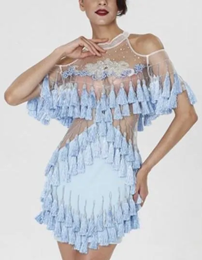 'Abigail' Fringe & Bead Embellished Dress-Light Blue