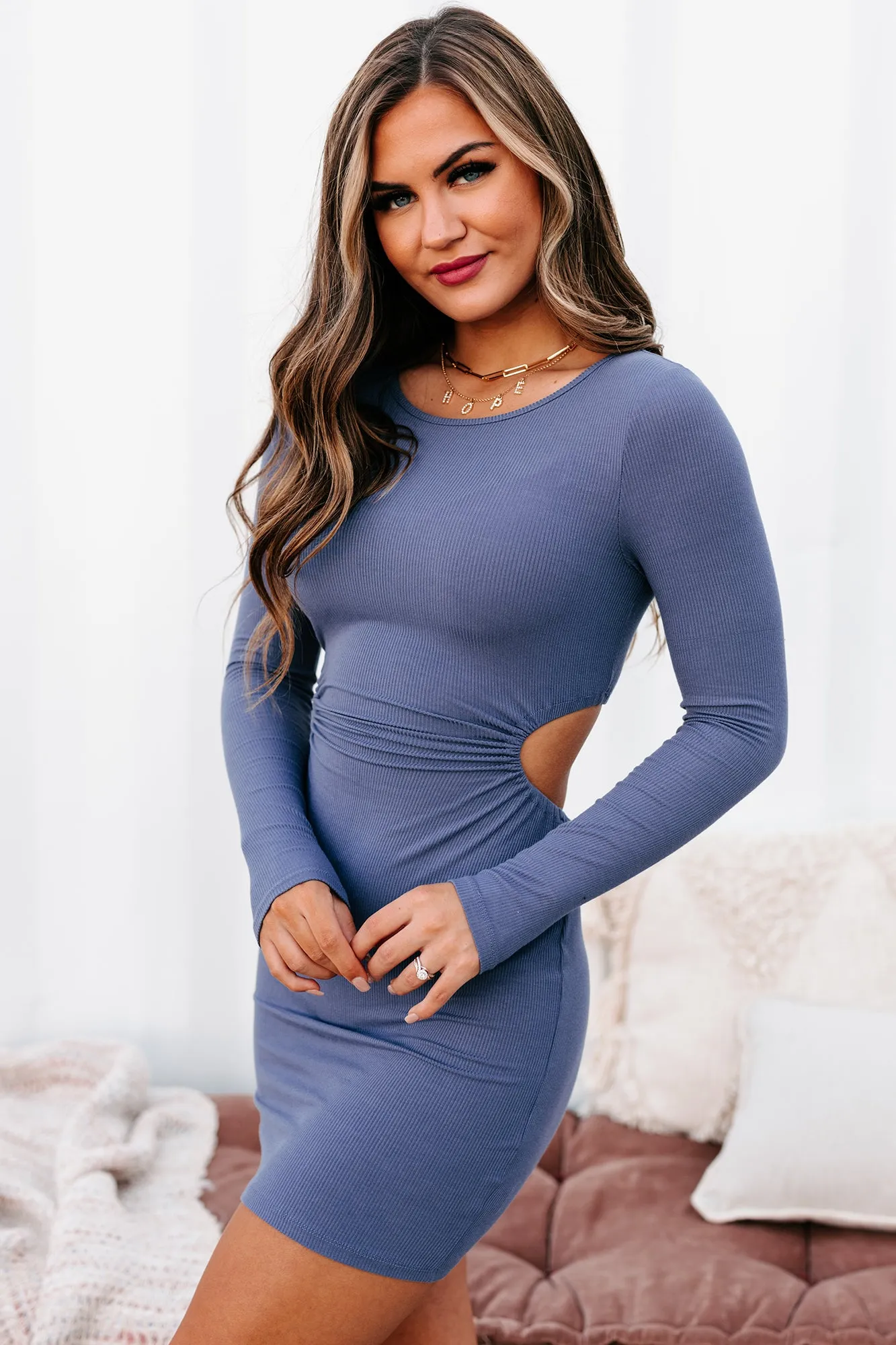 Added Appeal Ribbed Long Sleeve Cut-Out Mini Dress (Eggplant)