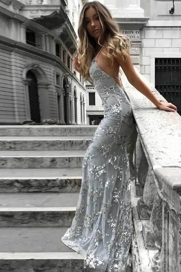 Affordable Tulle Lace Sexy V-neck Mermaid Long Prom Dresses, M109