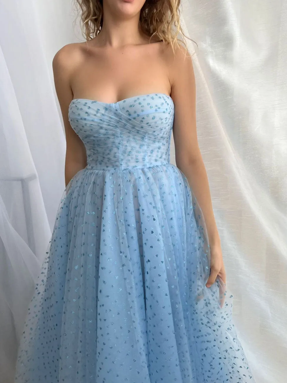 Aline Blue Short Prom Dresses, Sweetheart Neck Tulle Blue Homecoming Bridesmaid Dresses