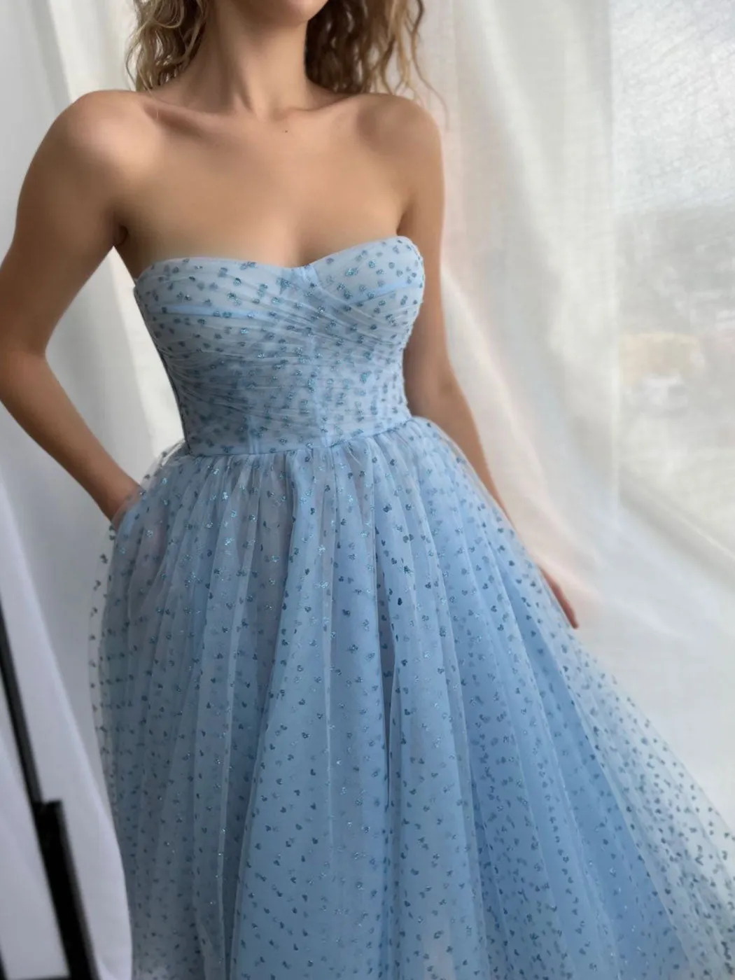 Aline Blue Short Prom Dresses, Sweetheart Neck Tulle Blue Homecoming Bridesmaid Dresses