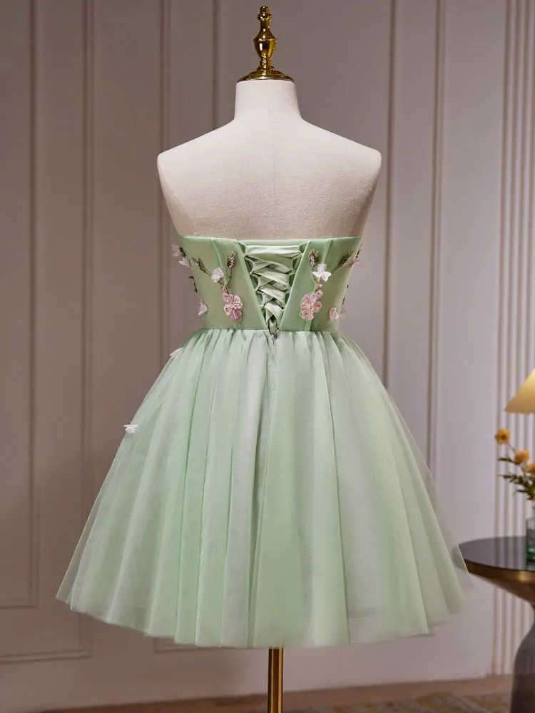 A- Line Sweetheart Neck Tulle Green Short Prom Dress, Green Homecoming Dresses