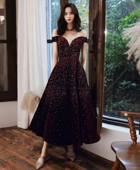 Aline Velvet Sequin Tea Length Burgundy Prom Dress, Burgundy Homecoming Dress