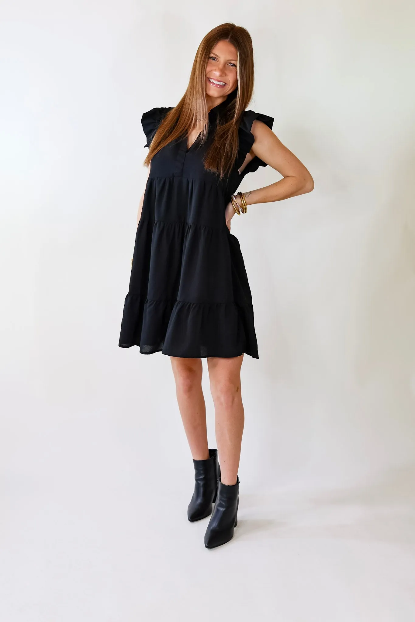 All Of A Sudden Ruffle Cap Sleeve Short Dress in Black