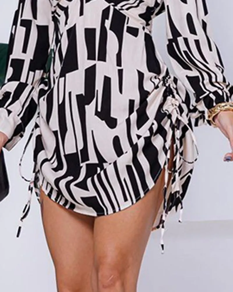 All Over Print Side Drawstring Shirt Dress