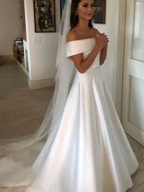 Amazing Long A-line Off the Shoulder Covered Button Satin Wedding Dresses