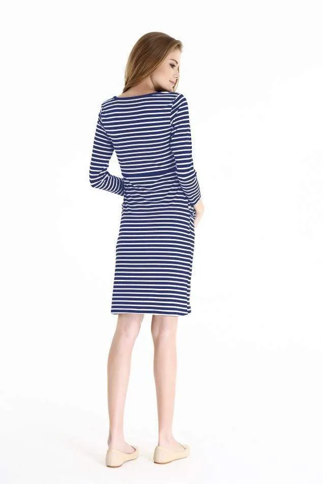 Angelina Navy Stripe Long Sleeve Nursing Dress