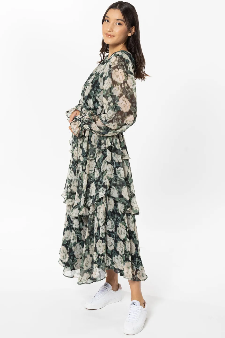 Audrey Green Floral LS V Neck with Ruffle Skirt Midi Dress