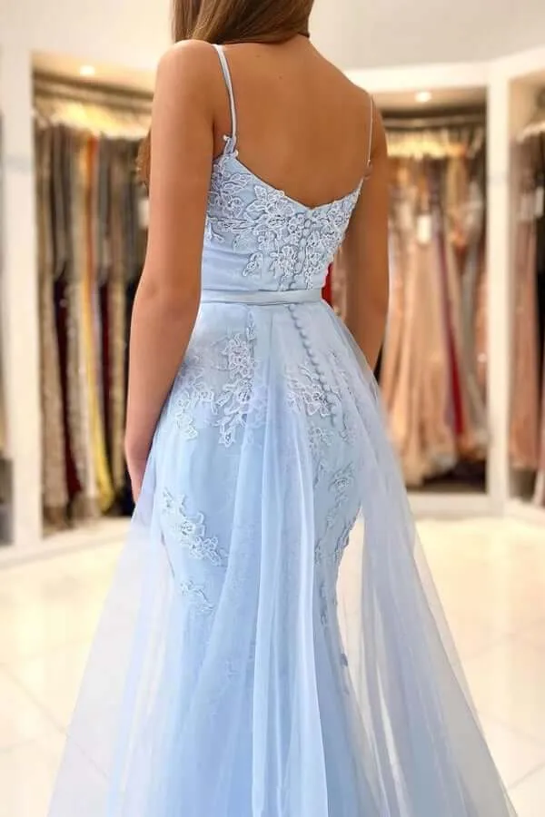 Baby Blue Tulle Lace Mermaid Spaghetti Straps Prom Dresses, Eveing Gown, SP726