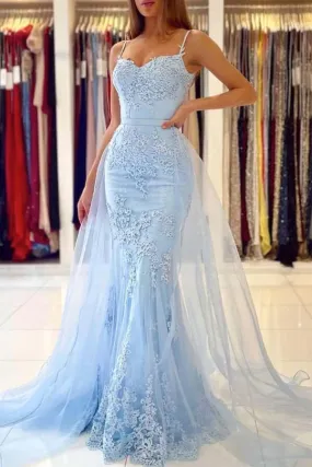 Baby Blue Tulle Lace Mermaid Spaghetti Straps Prom Dresses, Eveing Gown, SP726