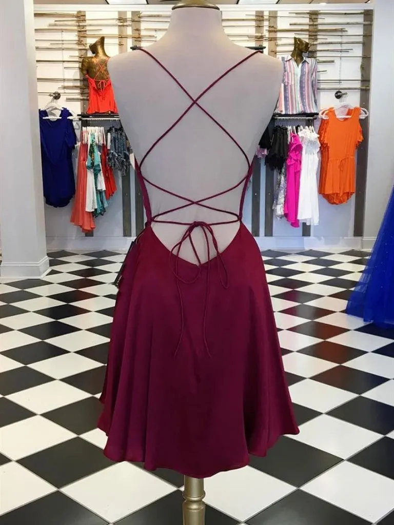 Backless Burgundy Short Prom Dresses, Short Burgundy Homecoming Evening Dresses