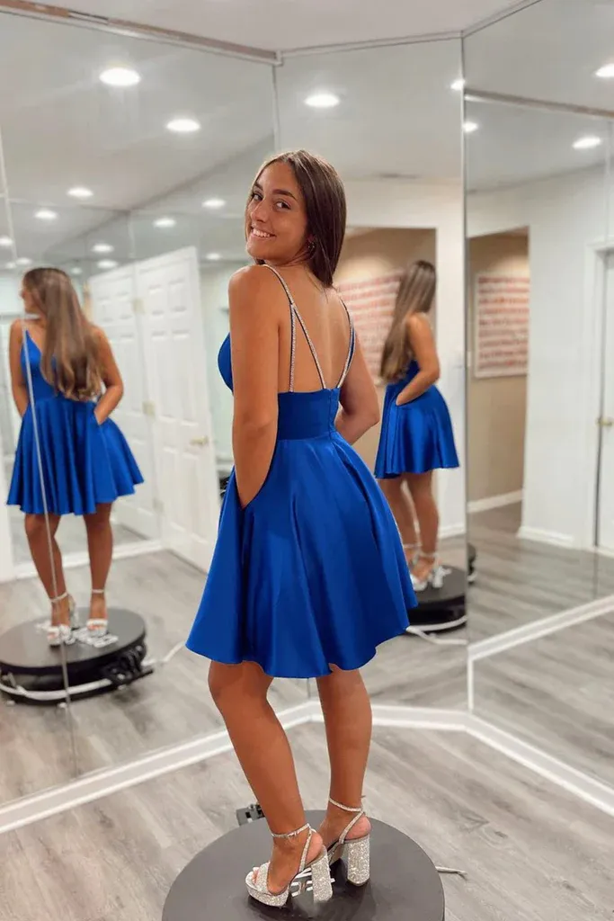 Backless V Neck Royal Blue Prom Dress, Royal Blue Short Homecoming Dress, Royal Blue Formal Evening Dress     S1369