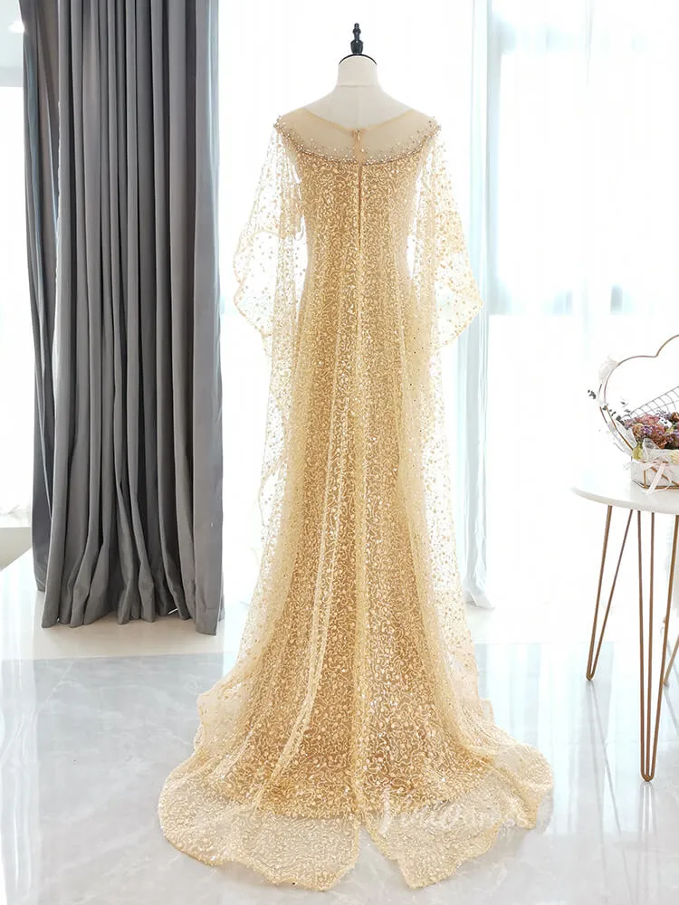 Beaded Gold Cape Prom Dresses Sparkly Lace Formal Dress FD2826