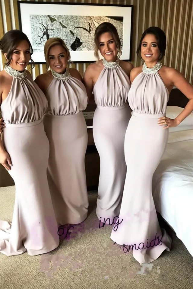 Beaded Halter Long Jersey Backless Mermaid Bridesmaid Dresses