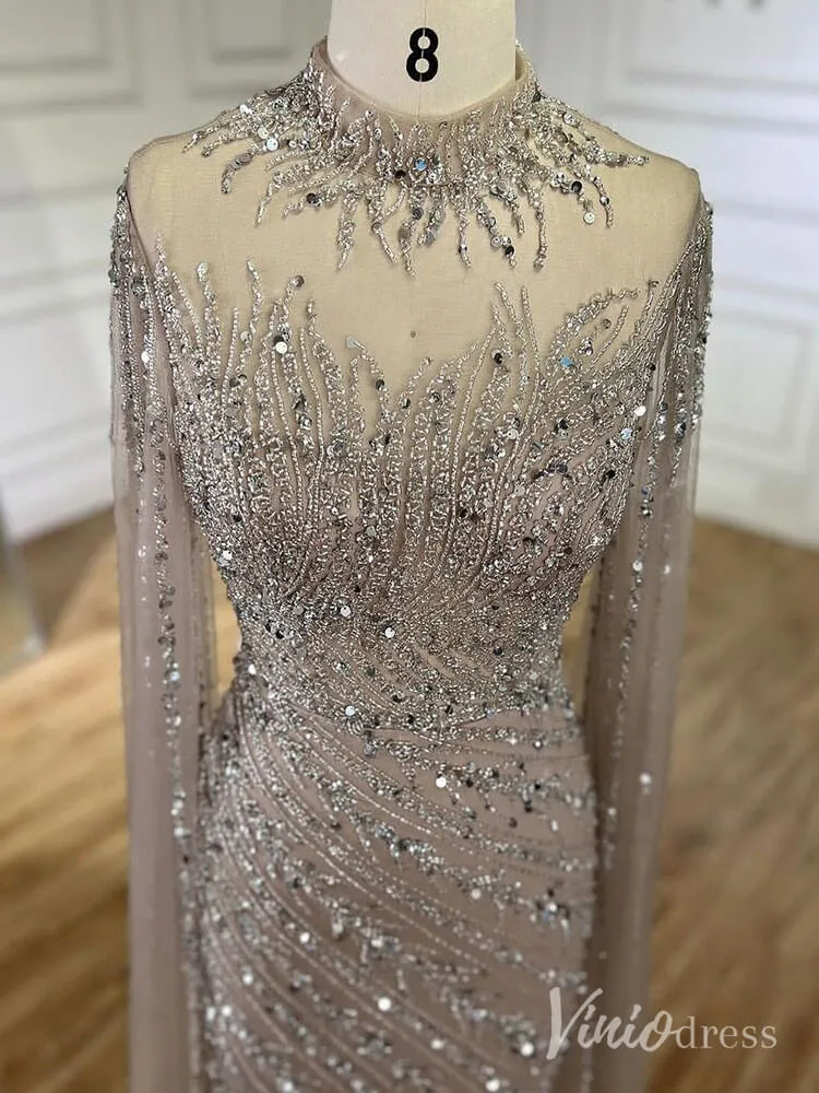 Beaded Lace Sheath Prom Dresses Extra Long Sleeve High Neck Mother of the Bride Dress AD1230