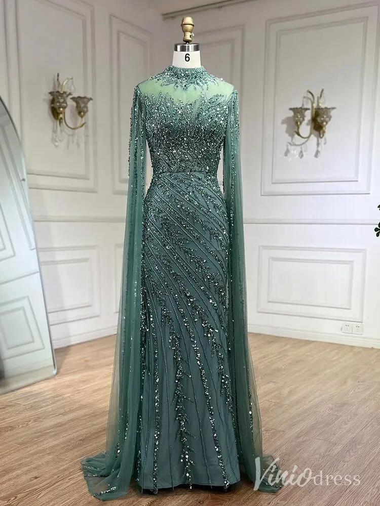 Beaded Lace Sheath Prom Dresses Extra Long Sleeve High Neck Mother of the Bride Dress AD1230