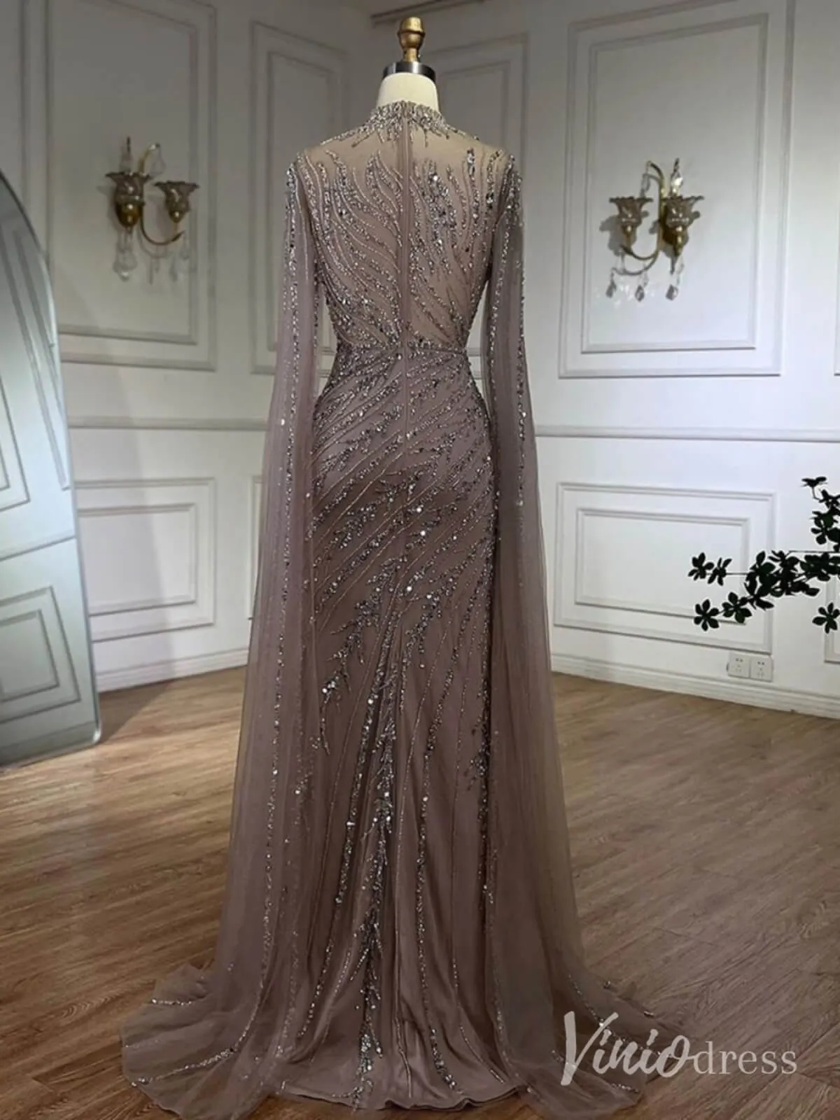 Beaded Lace Sheath Prom Dresses Extra Long Sleeve High Neck Mother of the Bride Dress AD1230