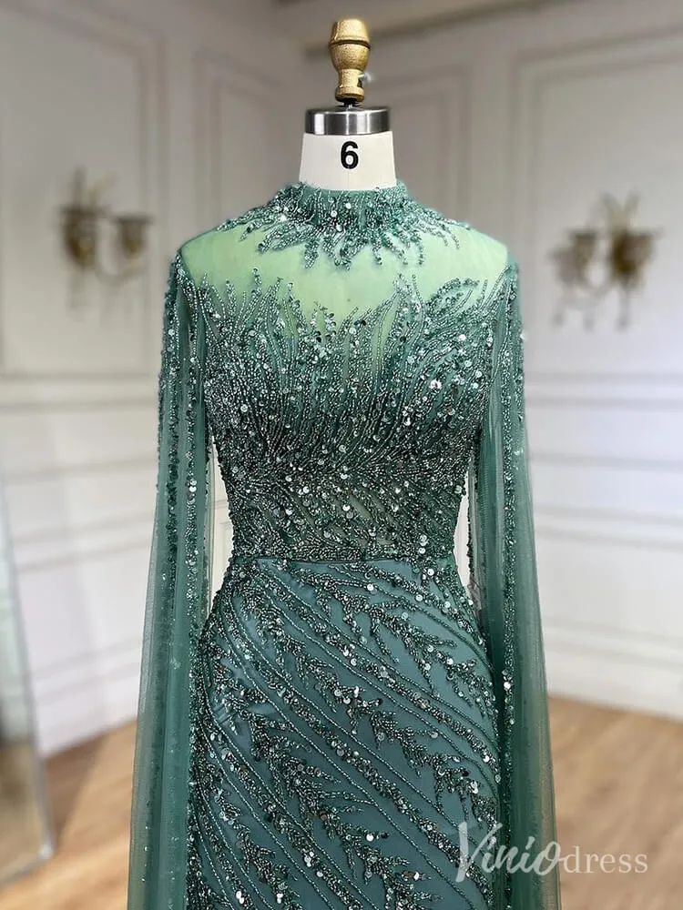 Beaded Lace Sheath Prom Dresses Extra Long Sleeve High Neck Mother of the Bride Dress AD1230