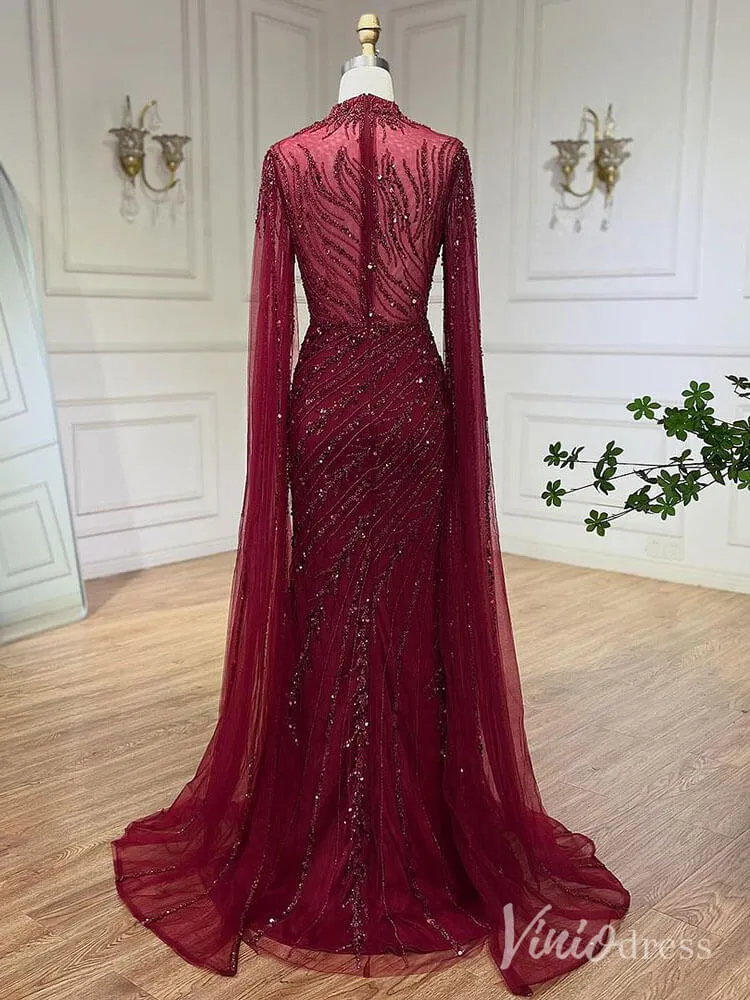 Beaded Lace Sheath Prom Dresses Extra Long Sleeve High Neck Mother of the Bride Dress AD1230