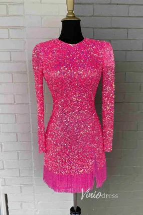 Beaded Long Sleeve Sequin Cocktail Dress Short Prom Dress SD1594