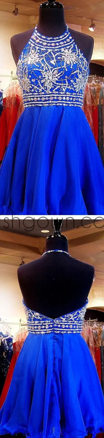 Beaded Royal Blue Short Halter Cute Sweet 16 Cocktail Graduation Homecoming Dress, PD0004