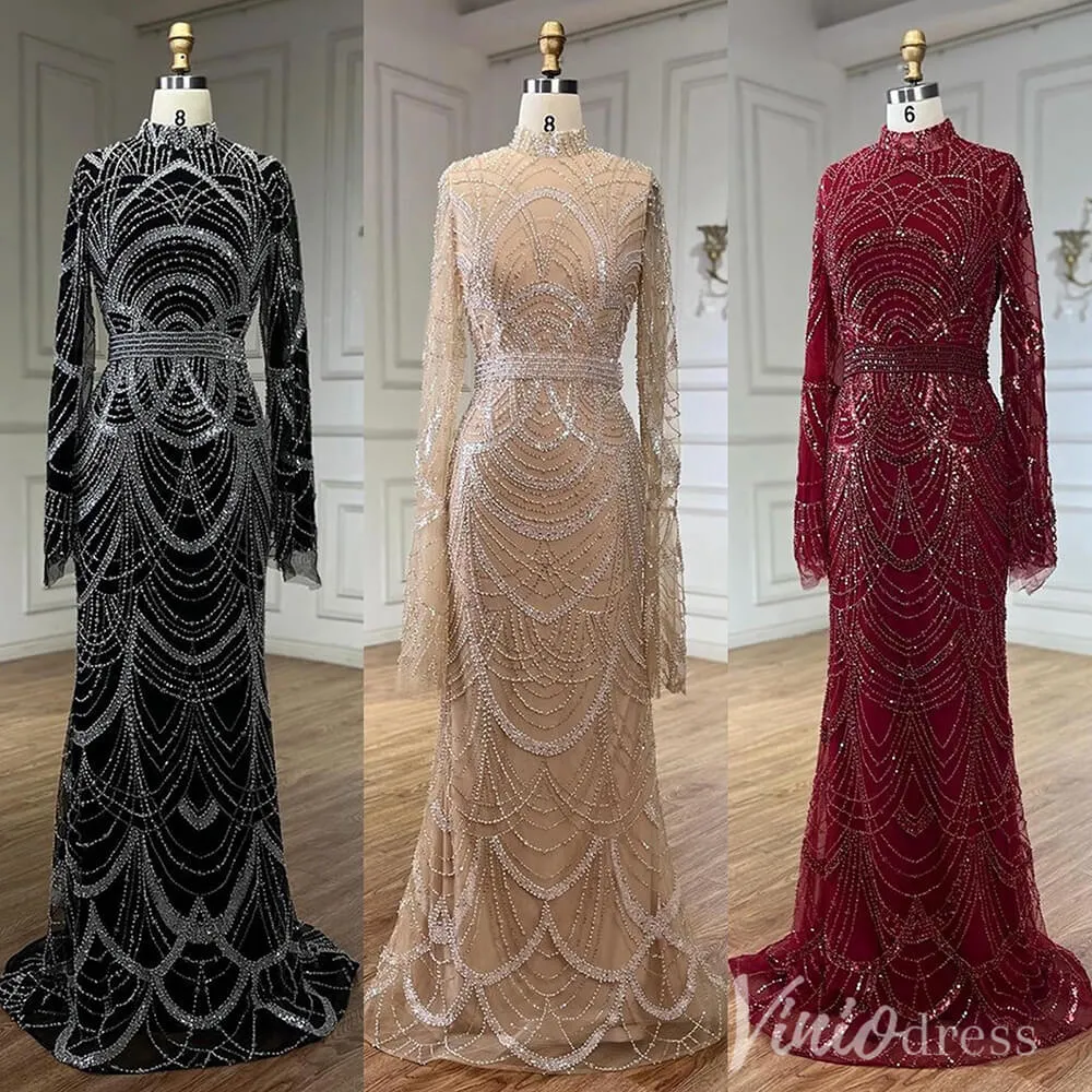 Beaded Sheath Long Sleeve Prom Dresses High Neck Pageant Dress AD1256