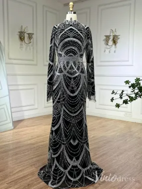 Beaded Sheath Long Sleeve Prom Dresses High Neck Pageant Dress AD1256