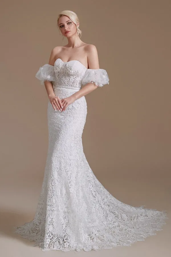 Beautiful Long Mermaid Sweetheart Lace Wedding Dresses with Detachable Sleeves