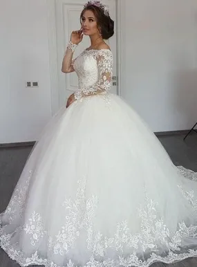 Beautiful Long Sleeve Off the Shoulder Appliques Lace Princess Wedding Dress