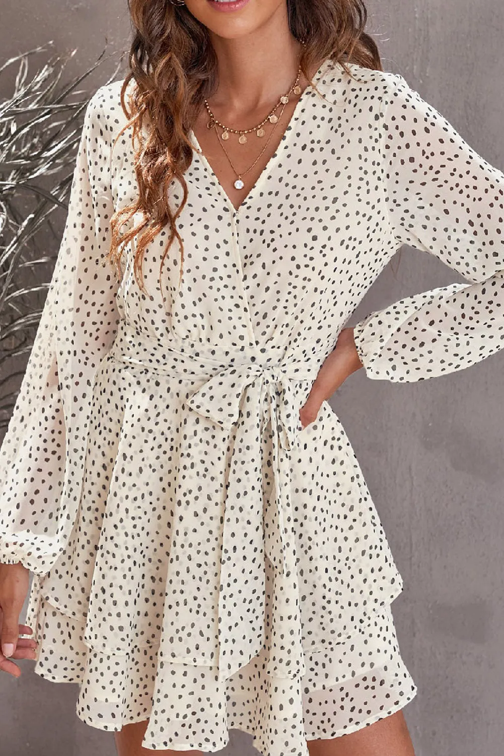 Beige Dotted Tie Layered Ruffle Mini Dress