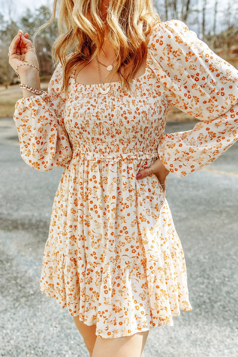 Beige Floral Boho Smocked Puff Mini Dress