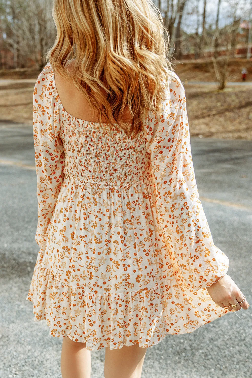 Beige Floral Boho Smocked Puff Mini Dress