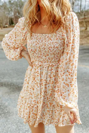 Beige Floral Boho Smocked Puff Mini Dress