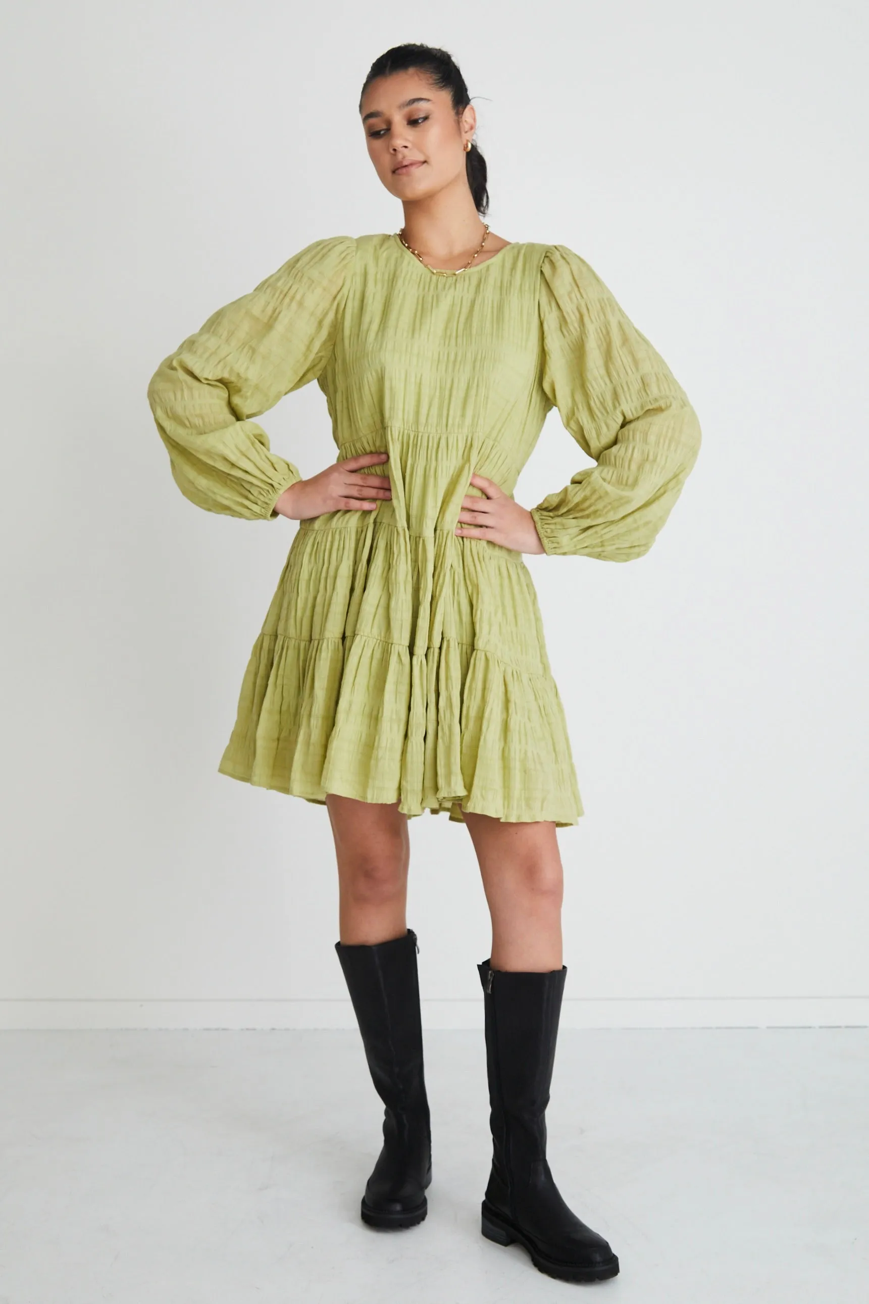 Bella Pistachio LS Tiered Mini Dress