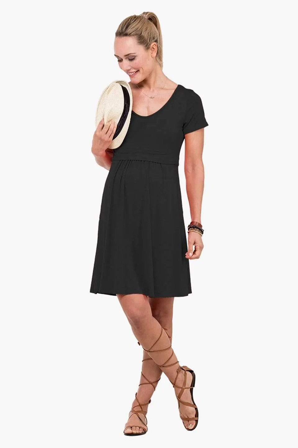 Betsy V-Neck Short Sleeve Nursing Dress Black