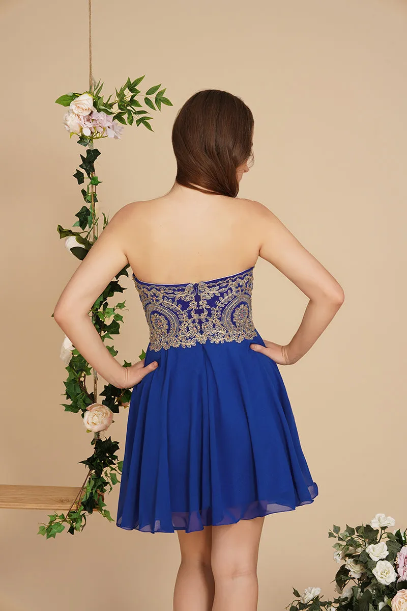 Biztunnel A-Line Strapless Short Chiffon Prom Dresses with Beadings