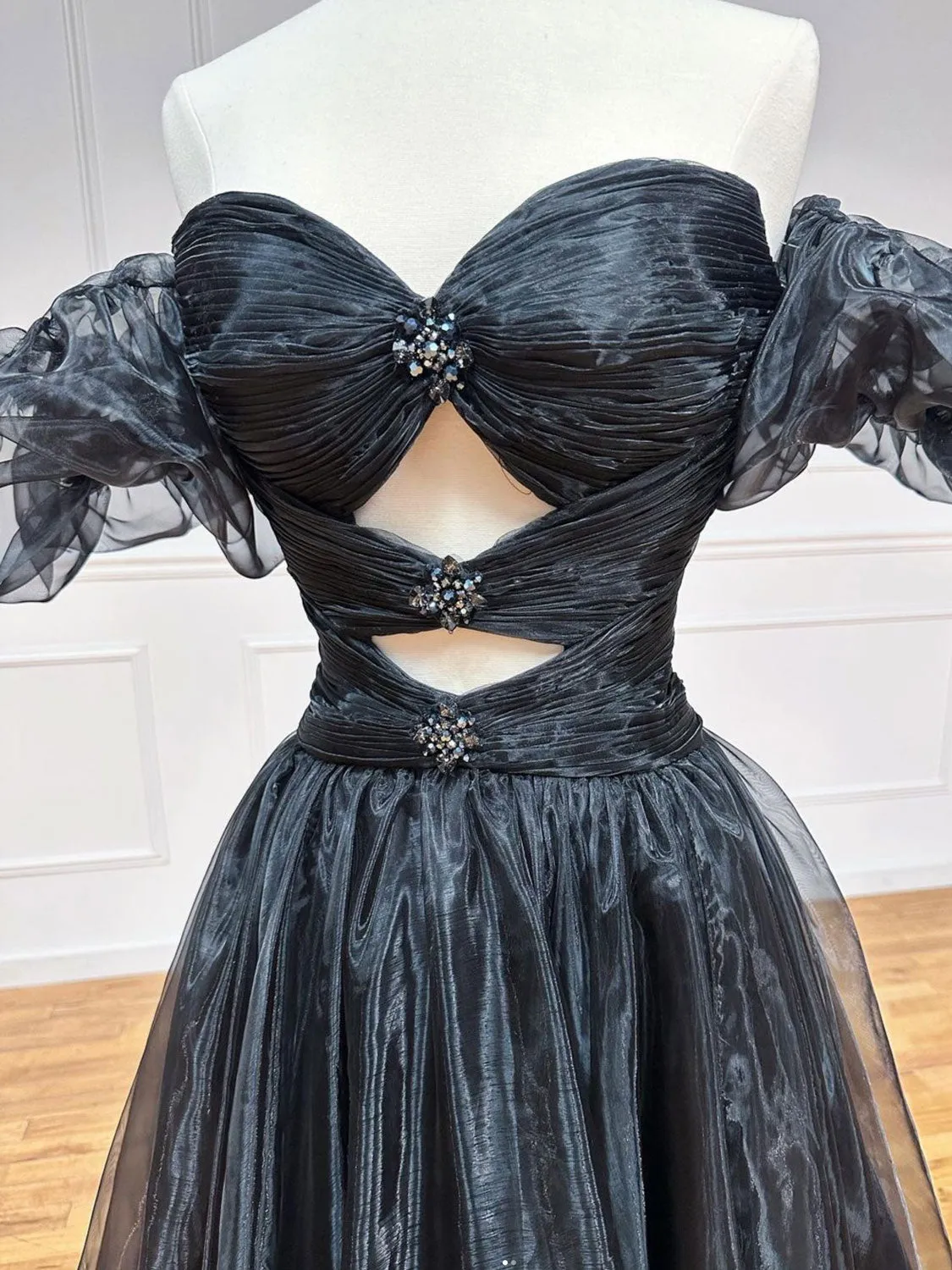 Black A-Line Off Shoulder Tulle Long Prom Dress, Black Formal Evening Dress